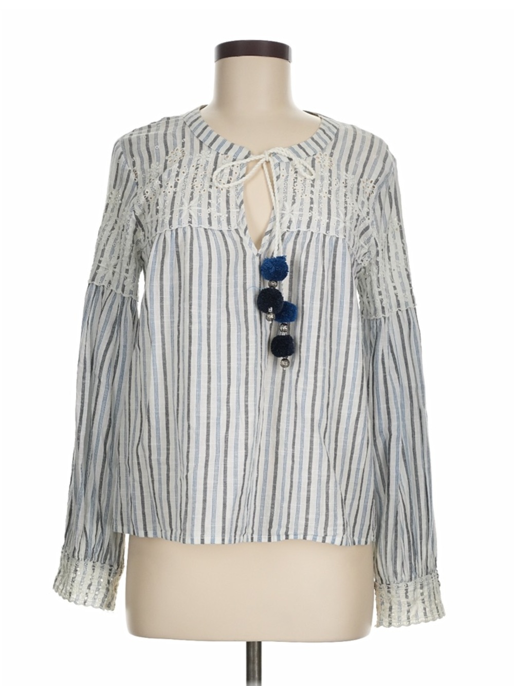 LoveShackFancy Striped Eyelet Blouse Boho Top Blue White Tassel Size M - Picture 2 of 8